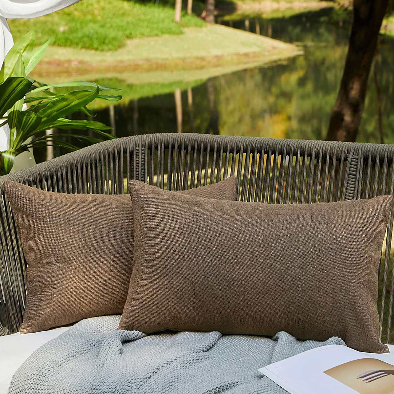 Outdoor Pillows for Patio Furniture Waterproof Pillow Covers Square Garden Cushion Farmhouse Linen Throw Pillow Covers Shell for Patio Tent Couch 18x18 Inch-2pcs