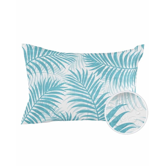 Outdoor Pillows Waterproof, Aqua Blue Palm Leaves Throw Pillows with Inserts Included, Summer Botanical Tropical Plants Indoor Outdoor Decorative Lumbar Pillow for Bed/Couch/Patio 12"x20", 1Pcs