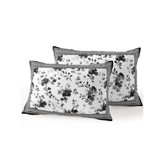 Outdoor Pillows Waterproof, Black Floral Bedding Throw Pillows with Insert for Couch Sofa Bed, Retro Flowers Leaves Farmhouse Greek Key 12x20 Inch Pillowcases Decorative Camping Patio Pillow Set of 2