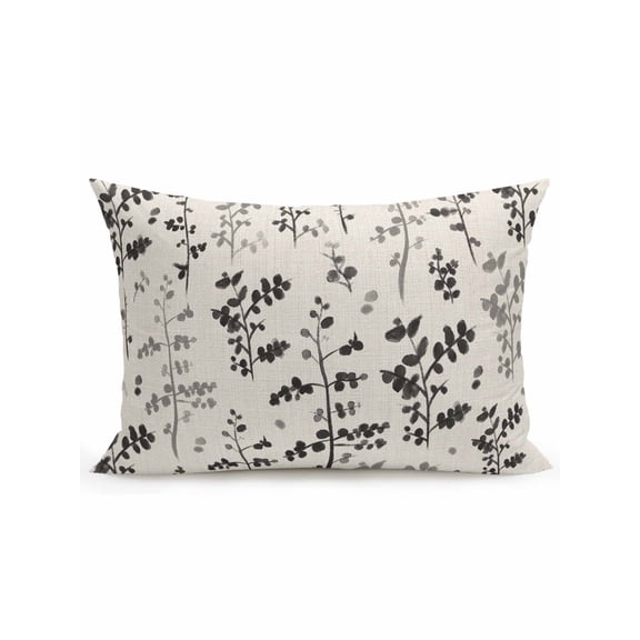 Outdoor Pillows Waterproof, Black Grey Botanical Bedding Throw Pillows with Insert for Couch Sofa Bed, Rustic Country Spring Floral Summer Leaf 12x20 Inch Pillowcases Patio Pillow Set of 1