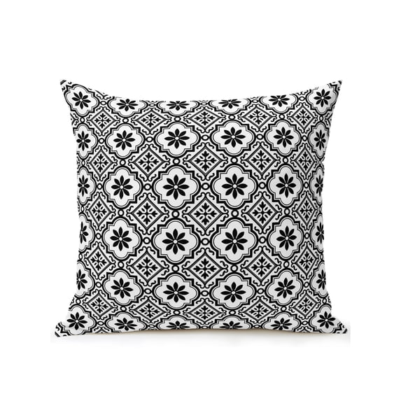 Outdoor Pillows Waterproof, Black Petals Bedding Throw Pillows with Insert for Couch Sofa Bed, Abstract Floral Grids Boho Mediterranean 16x16 Inch Pillowcases Decorative Camping Patio Pillow Set of 1