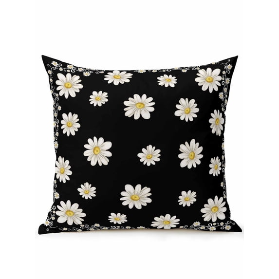Outdoor Pillows Waterproof, Black Spring Floral Bedding Throw Pillows with Insert for Couch Sofa Bed, Daisy Flowers Elegant Farmhouse Art 16x16 Inch Pillowcases Decorative Patio Pillow Set of 1