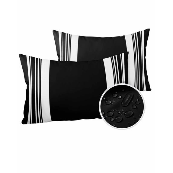 Outdoor Pillows Waterproof, Black Throw Pillows with Inserts Included, Farmhouse Striped Vertical Art Modern Indoor Outdoor Decorative Lumbar Pillow for Bed/Couch/Patio 12"x20", 2Pcs