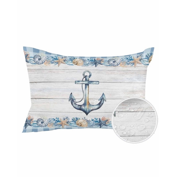 Outdoor Pillows Waterproof, Blue Anchor Coastal Throw Pillows with Inserts Included, Summer Nautical Beach Coral Shell Indoor Outdoor Decorative Lumbar Pillow for Bed/Couch/Patio 12"x20", 1Pcs