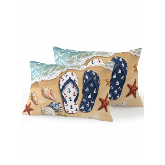 Outdoor Pillows Waterproof, Blue Beige Seaside Bedding Throw Pillows with Insert for Couch Sofa Bed, Coastal Waves Starfish Summer Beach Nautical 12x20 Inch Pillowcases Patio Pillow Set of 2