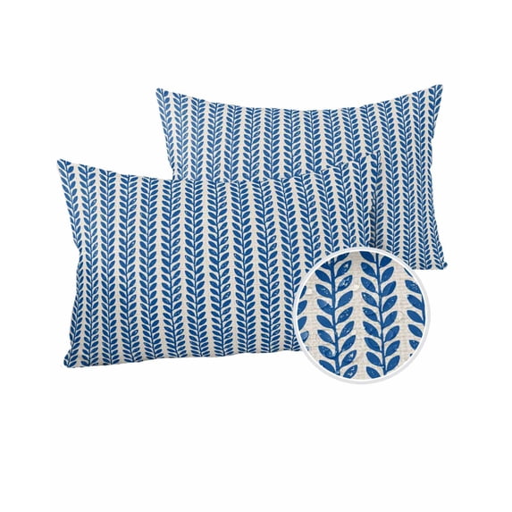 Outdoor Pillows Waterproof, Blue Botanical Throw Pillows with Inserts Included, Farmhouse Modern Striped Leaf Indoor Outdoor Decorative Lumbar Pillow for Bed/Couch/Patio 12"x20", 2Pcs