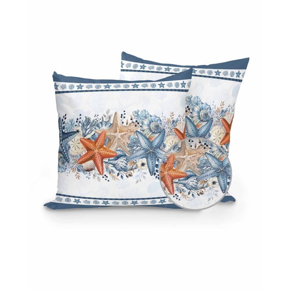 Outdoor Pillows Waterproof, Blue Coastal Throw Pillows with Inserts Included, Orange Starfish Coral Summer Beach Nautical Indoor Outdoor Decorative Lumbar Pillow for Bed/Couch/Patio 16"x16", 2Pcs