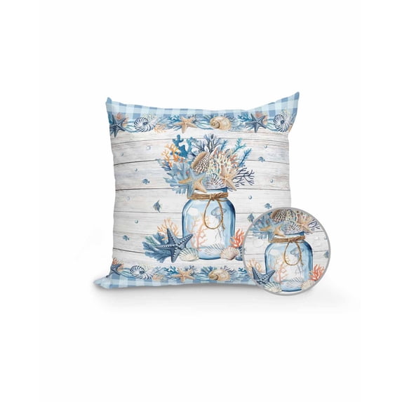 Outdoor Pillows Waterproof, Blue Coastal Throw Pillows with Inserts Included, Summer Beach Coral Starfish Shell Indoor Outdoor Decorative Lumbar Pillow for Bed/Couch/Patio 16"x16", 1Pcs