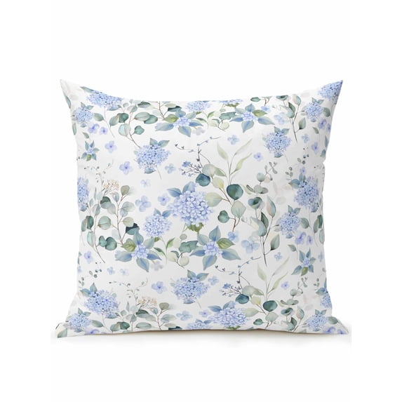 Outdoor Pillows Waterproof, Blue Flower Bedding Throw Pillows with Insert for Couch Sofa Bed, Sage Green Eucalyptus Leaf Farmhouse Country 16x16 Inch Pillowcases Decorative Patio Pillow Set of 1