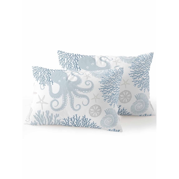 Outdoor Pillows Waterproof, Blue Octopus Coastal Bedding Throw Pillows with Insert for Couch Sofa Bed, Nautical Coral Starfish 12x20 Inch Pillowcases Decorative Camping Patio Pillow Set of 2