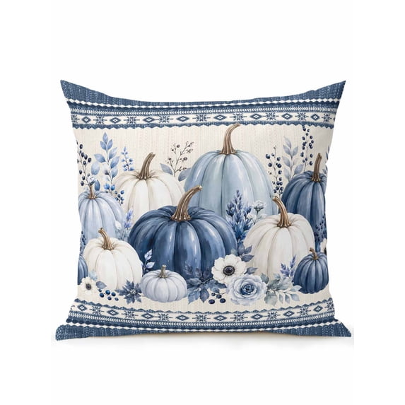 Outdoor Pillows Waterproof, Blue Pumpkins Fall Bedding Throw Pillows with Insert for Couch Sofa Bed, Thanksgiving Autumn Eucalyptus Flowers 16x16 Inch Pillowcases Decorative Patio Pillow Set of 1