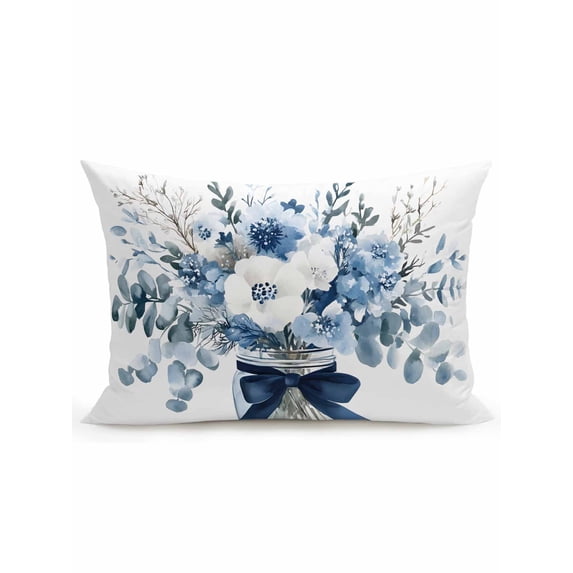 Outdoor Pillows Waterproof, Blue Spring Floral Bedding Throw Pillows with Insert for Couch Sofa Bed, Watercolor Summer Flowers 12x20 Inch Pillowcases Decorative Camping Patio Pillow Set of 1