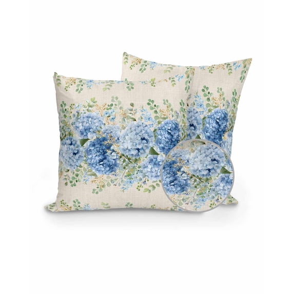 Outdoor Pillows Waterproof, Blue Spring Floral Throw Pillows with Inserts Included, Hydrangea Eucalyptus Leaves Botanical Rustic Indoor Outdoor Decorative Lumbar Pillow for Bed/Couch 16"x16", 2Pcs