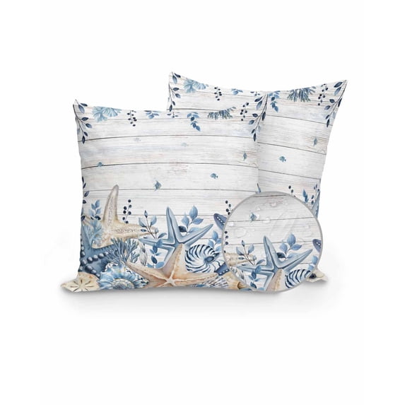 Outdoor Pillows Waterproof, Blue Starfish Coastal Throw Pillows with Inserts Included, Eucalyptus Summer Nautical Shell Wooden Indoor Outdoor Decorative Lumbar Pillow for Bed/Couch 16"x16", 2Pcs