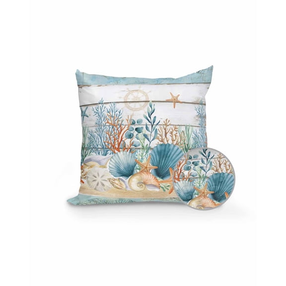 Outdoor Pillows Waterproof, Blue Vintage Coastal Throw Pillows with Inserts Included, Summer Beach Nautical Shell Coral Starfish Indoor Outdoor Decorative Lumbar Pillow for Bed/Couch 16"x16", 1Pcs