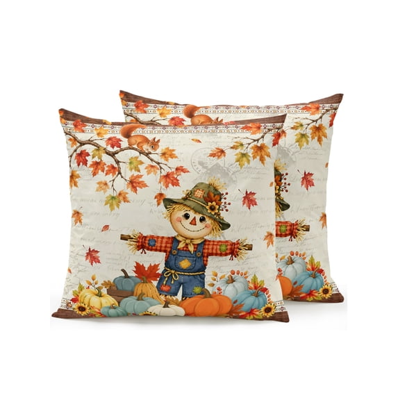 Outdoor Pillows Waterproof, Boho Fall Scarecrows Bedding Throw Pillows with Insert for Couch Sofa Bed, Thanksgiving Autumn Pumpkins Maple Leaf 18x18 Inch Pillowcases Decorative Patio Pillow Set of 2