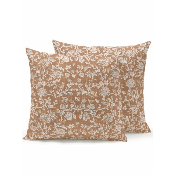 Outdoor Pillows Waterproof, Botanical Rose Bud Bedding Throw Pillows with Insert for Couch Sofa Bed, Vintage Brown Floral Leaves Farmhouse 18x18 Inch Pillowcases Decorative Patio Pillow Set of 2