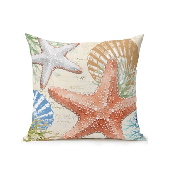 Outdoor Pillows Waterproof, Coastal Starfish Bedding Throw Pillows with Insert for Couch Sofa Bed, Ocean Beach Nautical Shells Coral 16x16 Inch Pillowcases Decorative Camping Patio Pillow Set of 1