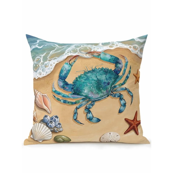 Outdoor Pillows Waterproof, Crab Seaside Bedding Throw Pillows with Insert for Couch Sofa Bed, Coastal Waves Starfish Summer Beach Nautical 18x18 Inch Pillowcases Decorative Patio Pillow Set of 1
