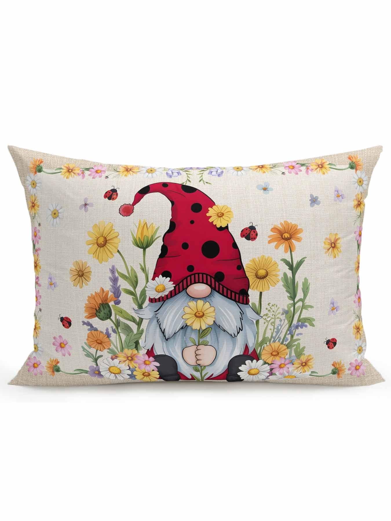 Outdoor Pillows Waterproof, Daisy Gnomes Bedding Throw Pillows with Insert for Couch Sofa Bed, Farmhouse Pastoral Garden Floral Burlap 12x20 Inch Pillowcases Decorative Camping Patio Pillow Set of 1