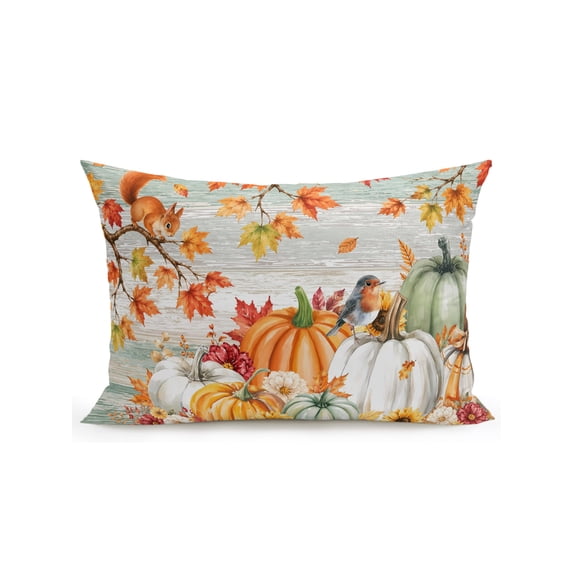 Outdoor Pillows Waterproof, Fall Maple Leaf Bedding Throw Pillows with Insert for Couch Sofa Bed, Thanksgiving Pumpkins Squirrel Green Wooden 12x20 Inch Pillowcases Decorative Patio Pillow Set of 1
