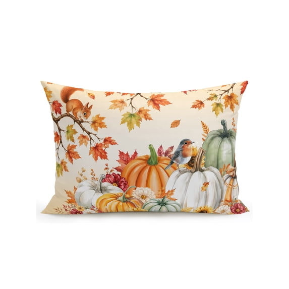 Outdoor Pillows Waterproof, Fall Maple Leaf Bedding Throw Pillows with Insert for Couch Sofa Bed, Thanksgiving Pumpkins Squirrel Sunflowers 12x20 Inch Pillowcases Decorative Patio Pillow Set of 1