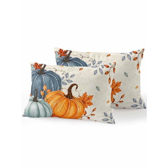 Outdoor Pillows Waterproof, Fall Pumpkin Bedding Throw Pillows with Insert for Couch Sofa Bed, Orange Blue Teal Thanksgiving Botanical 12x20 Inch Pillowcases Decorative Camping Patio Pillow Set of 2