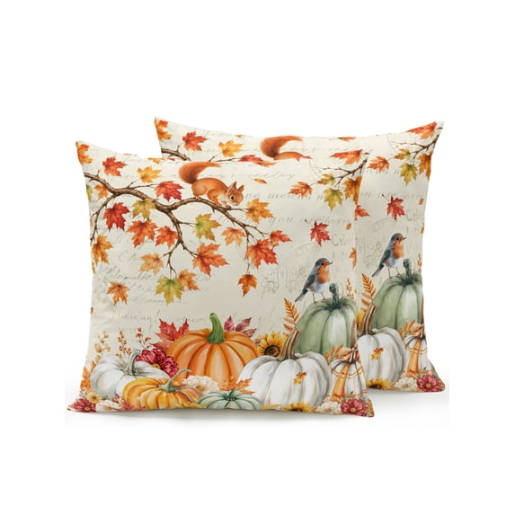 Outdoor Pillows Waterproof, Fall Pumpkins Bedding Throw Pillows with Insert for Couch Sofa Bed, Thanksgiving Maple Squirrel Farmhouse Florals 18x18 Inch Pillowcases Decorative Patio Pillow Set of 2