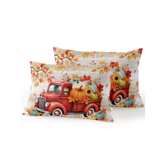 Outdoor Pillows Waterproof, Fall Red Truck Bedding Throw Pillows with Insert for Couch Sofa Bed, Thanksgiving Autumn Harvest Pumpkins Brown 12x20 Inch Pillowcases Decorative Patio Pillow Set of 2