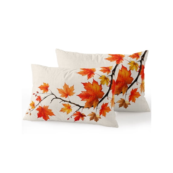 Outdoor Pillows Waterproof, Fall Thanksgiving Bedding Throw Pillows with Insert for Couch Sofa Bed, Country Orange Maple Branches Leaves 12x20 Inch Pillowcases Decorative Patio Pillow Set of 2