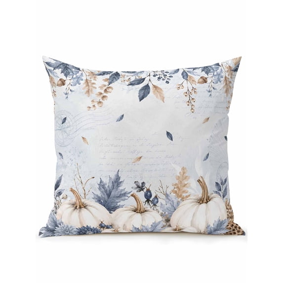 Outdoor Pillows Waterproof, Fall White Pumpkin Bedding Throw Pillows with Insert for Couch Sofa Bed, Autumn Thanksgiving Blue Eucalyptus 16x16 Inch Pillowcases Decorative Patio Pillow Set of 1