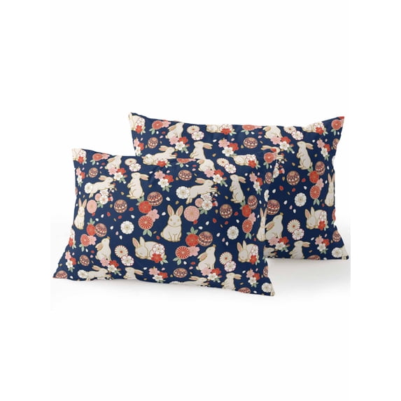 Outdoor Pillows Waterproof, Farmhouse Bunnies Bedding Throw Pillows with Insert for Couch Sofa Bed, Navy Blue Country Flowers Botanical 12x20 Inch Pillowcases Decorative Camping Patio Pillow Set of 2