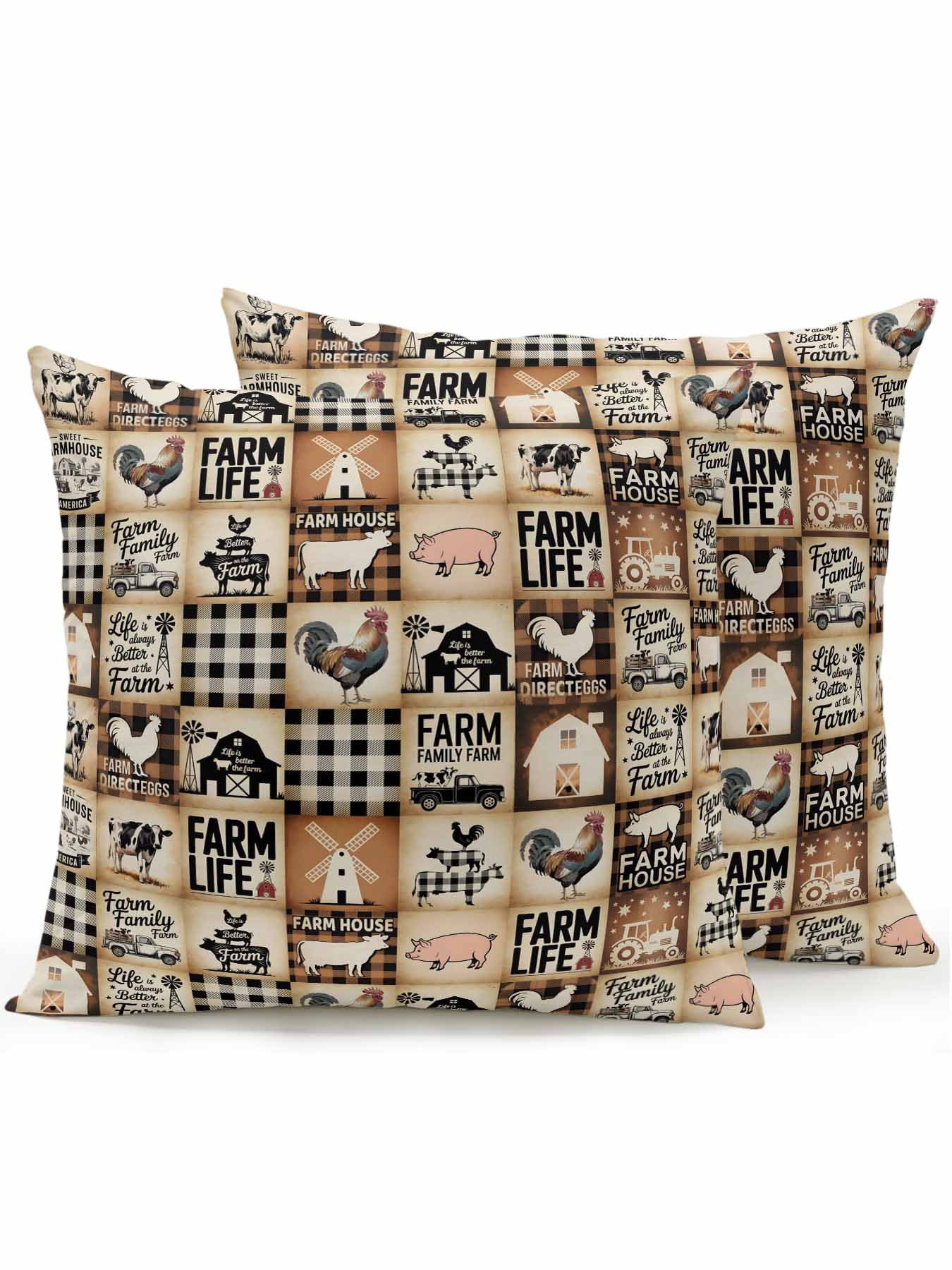 Outdoor Pillows Waterproof, Farmhouse Checkered Bedding Throw Pillows with Insert for Couch Sofa Bed, Rustic Retro Farm Life Assembling 18x18 Inch Pillowcases Decorative Patio Pillow Set of 2
