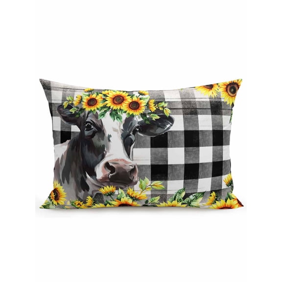 Outdoor Pillows Waterproof, Farmhouse Cow Bedding Throw Pillows with Insert for Couch Sofa Bed, Pastoral Sunflower Botanical Black Plaid 12x20 Inch Pillowcases Decorative Patio Pillow Set of 1