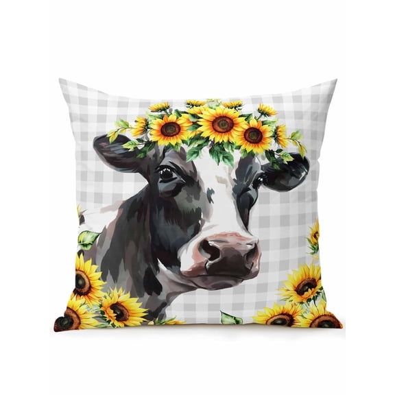 Outdoor Pillows Waterproof, Farmhouse Cow Bedding Throw Pillows with Insert for Couch Sofa Bed, Pastoral Sunflower Botanical Gray Plaid 18x18 Inch Pillowcases Decorative Patio Pillow Set of 1