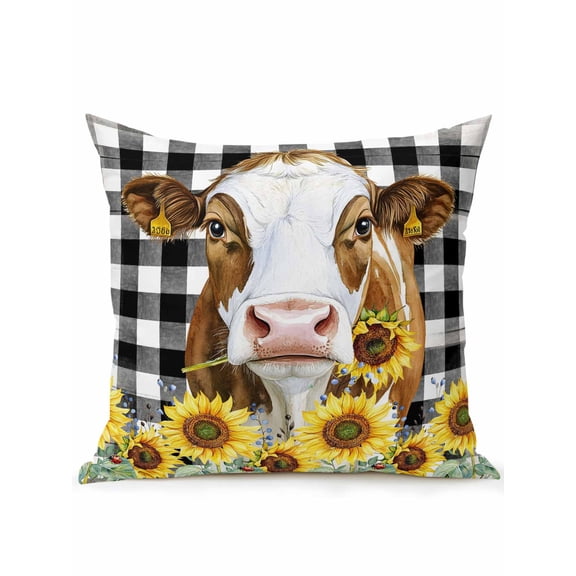 Outdoor Pillows Waterproof, Farmhouse Cow Bedding Throw Pillows with Insert for Couch Sofa Bed, Vintage Country Sunflower Black Buffalo Plaid 18x18 Inch Pillowcases Decorative Patio Pillow Set of 1