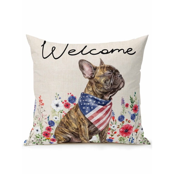Outdoor Pillows Waterproof, Farmhouse Cute Dogs Bedding Throw Pillows with Insert for Couch Sofa Bed, Bohemia America Patriotic Flag Floral 18x18 Inch Pillowcases Decorative Patio Pillow Set of 1