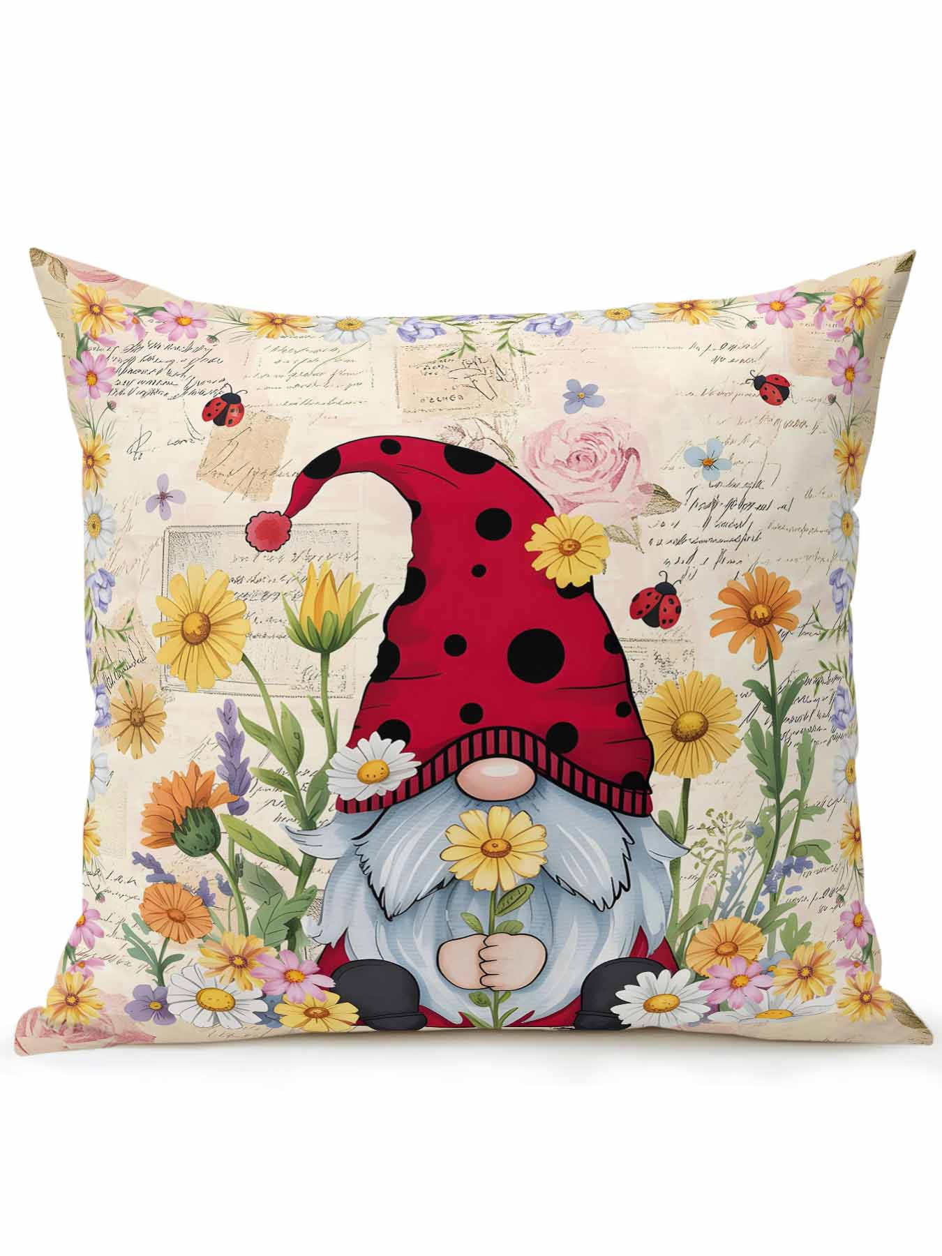 Outdoor Pillows Waterproof, Farmhouse Gnomes Bedding Throw Pillows with Insert for Couch Sofa Bed, Vintage Pastoral Daisy Floral Country 16x16 Inch Pillowcases Decorative Patio Pillow Set of 1