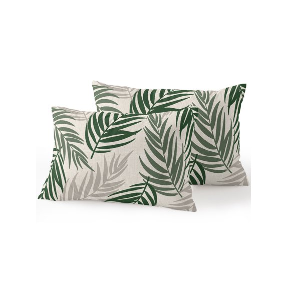 Outdoor Pillows Waterproof, Green Grey Palm Leaves Bedding Throw Pillows with Insert for Couch Sofa Bed, Tropical Summer Beach 12x20 Inch Pillowcases Decorative Camping Patio Pillow Set of 2