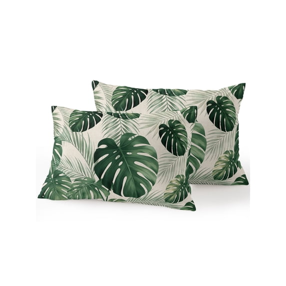 Outdoor Pillows Waterproof, Green Tropical Leaves Bedding Throw Pillows with Insert for Couch Sofa Bed, Farmhouse Retro Plants Branches 12x20 Inch Pillowcases Decorative Camping Patio Pillow Set of 2