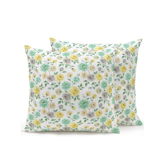 Outdoor Pillows Waterproof, Green Yellow Roses Bedding Throw Pillows with Insert for Couch Sofa Bed, Farmhouse Botanical Flowers Blossom 18x18 Inch Pillowcases Decorative Patio Pillow Set of 2