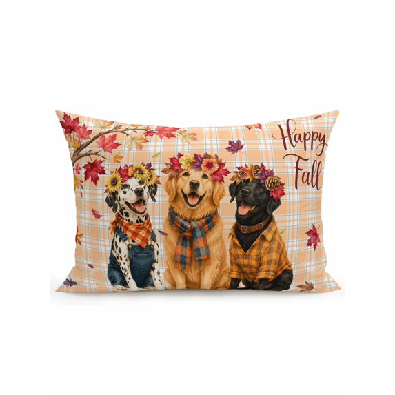 Outdoor Pillows Waterproof, Happy Fall Bedding Throw Pillows with Insert for Couch Sofa Bed, Cute Dogs Maple Branch Thanksgiving Checked 12x20 Inch Pillowcases Decorative Patio Pillow Set of 1