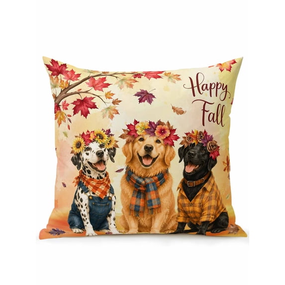 Outdoor Pillows Waterproof, Happy Fall Bedding Throw Pillows with Insert for Couch Sofa Bed, Cute Dogs Maple Branch Thanksgiving Orange 18x18 Inch Pillowcases Decorative Camping Patio Pillow Set of 1