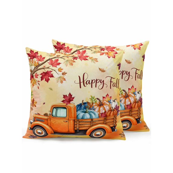 Outdoor Pillows Waterproof, Happy Fall Bedding Throw Pillows with Insert for Couch Sofa Bed, Orange Truck Maple Branches Thanksgiving Orange 18x18 Inch Pillowcases Decorative Patio Pillow Set of 2