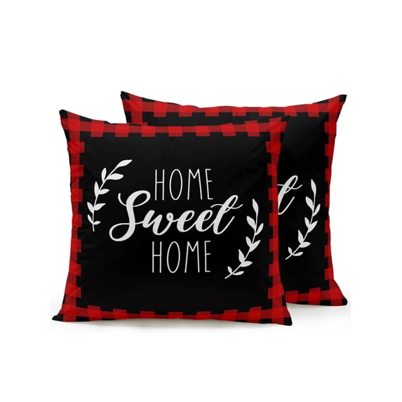 Outdoor Pillows Waterproof, Home Sweet Buffalo Plaid Bedding Throw Pillows with Insert for Couch Sofa Bed, Farmhouse Black Red Checker 18x18 Inch Pillowcases Decorative Camping Patio Pillow Set of 2