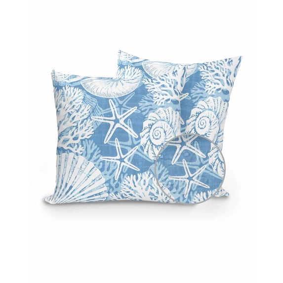 Outdoor Pillows Waterproof, Light Blue Starfish Coastal Throw Pillows with Inserts Included, Summer Coral Shell Beach Nautical Indoor Outdoor Decorative Lumbar Pillow for Bed/Couch 18"x18", 2Pcs