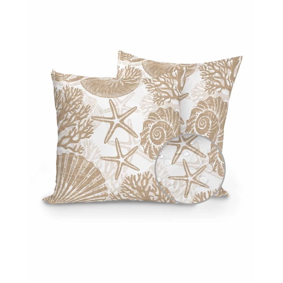 Outdoor Pillows Waterproof, Light Brown Coastal Throw Pillows with Inserts Included, Beach Starfish Nautical Coral Shell Summer Indoor Outdoor Decorative Lumbar Pillow for Bed/Couch 16"x16", 2Pcs