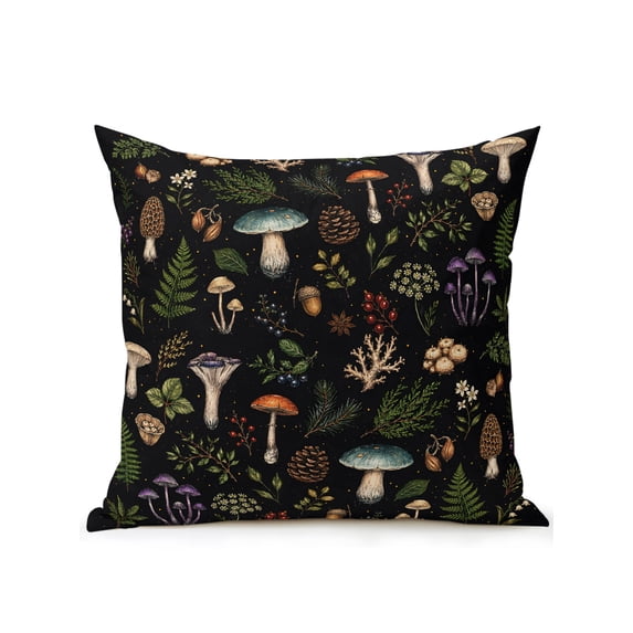 Outdoor Pillows Waterproof, Mushroom Leaves Bedding Throw Pillows with Insert for Couch Sofa Bed, Black Country Botanical Berry Flowers 16x16 Inch Pillowcases Decorative Camping Patio Pillow Set of 1