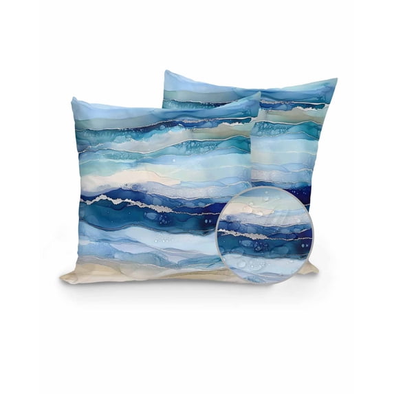 Outdoor Pillows Waterproof, Navy Blue Coastal Beach Throw Pillows with Inserts Included, Summer Nautical Abstract Ombre Art Indoor Outdoor Decorative Lumbar Pillow for Bed/Couch/Patio 16"x16", 2Pcs