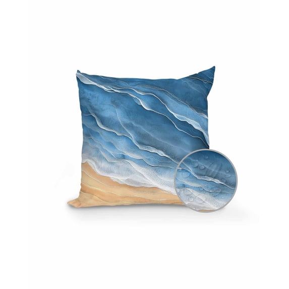 Outdoor Pillows Waterproof, Navy Blue Coastal Beach Throw Pillows with Inserts Included, Summer Nautical Ocean Beige Seaside Indoor Outdoor Decorative Lumbar Pillow for Bed/Couch/Patio 18"x18", 1Pcs